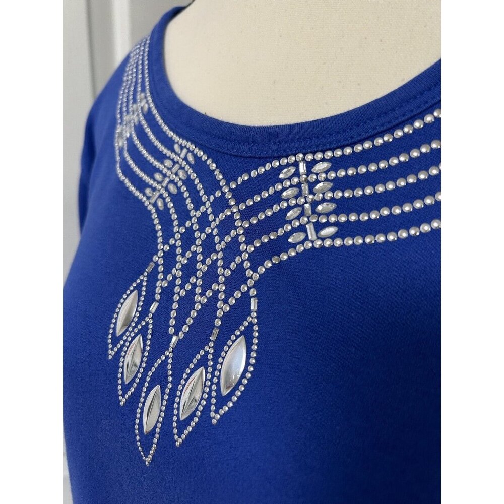 Get Lucky Top Blouse Shirt Women Size Medium Blue Bling  Cotton Pullover B40